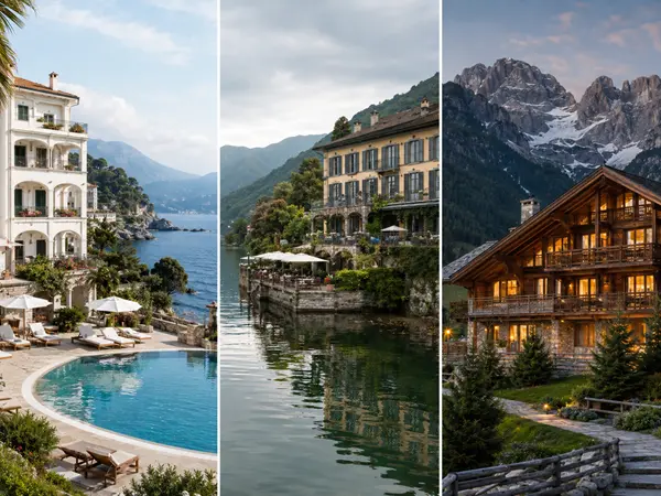 Collage di tre strutture ricettive in contesti diversi: hotel sul mare, struttura sul lago e chalet in montagna.