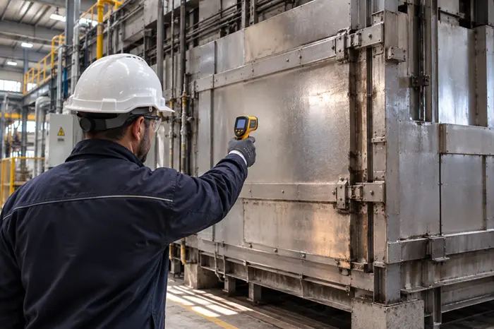Tecnico misura la temperatura superficiale esterna di un forno industriale
