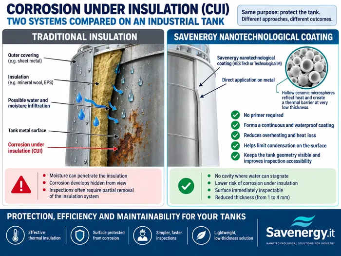 Corrosion under insulation (CUI): comparison between traditional insulation and Savenergy.it nanotechnological coating on an industrial tank
