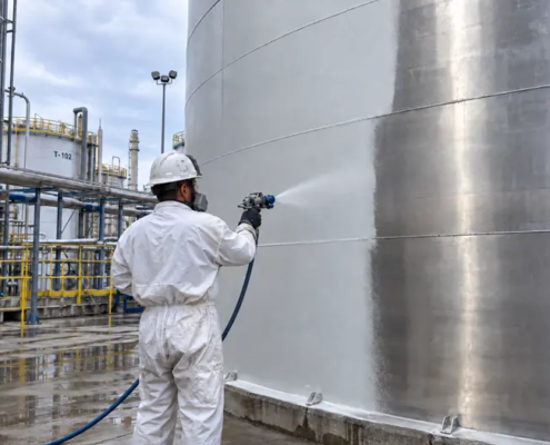 Spray application of thermal insulation coating Aes Techon an industrial metal storage tank