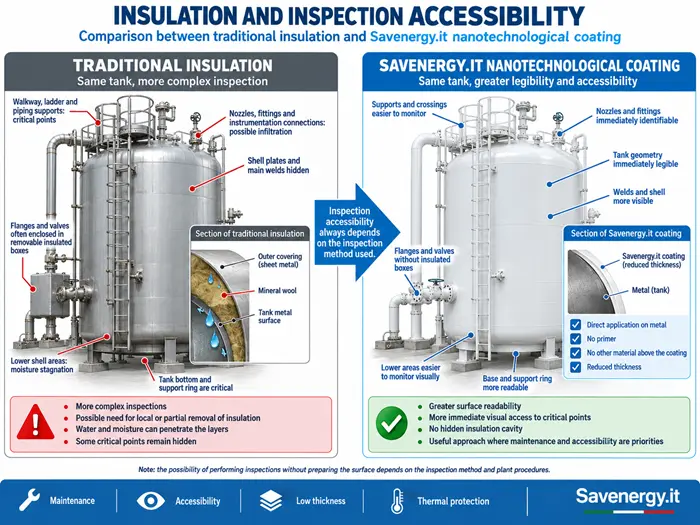Comparison between traditional insulation and Savenergy.it nanotechnological coating for inspection accessibility on an industrial tank